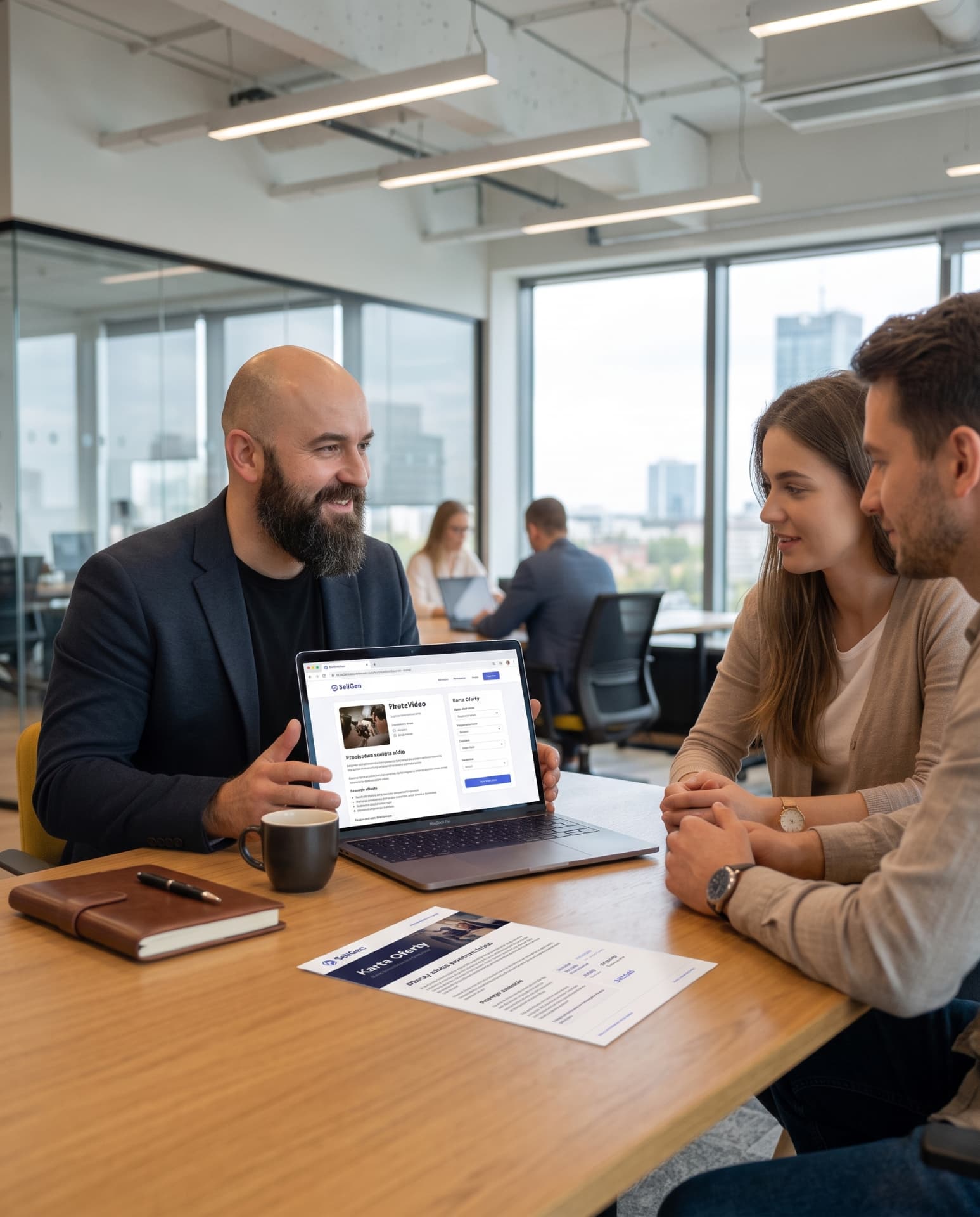 Spotkanie z parą klientów — prezentacja oferty foto-wideo z SellGen na laptopie