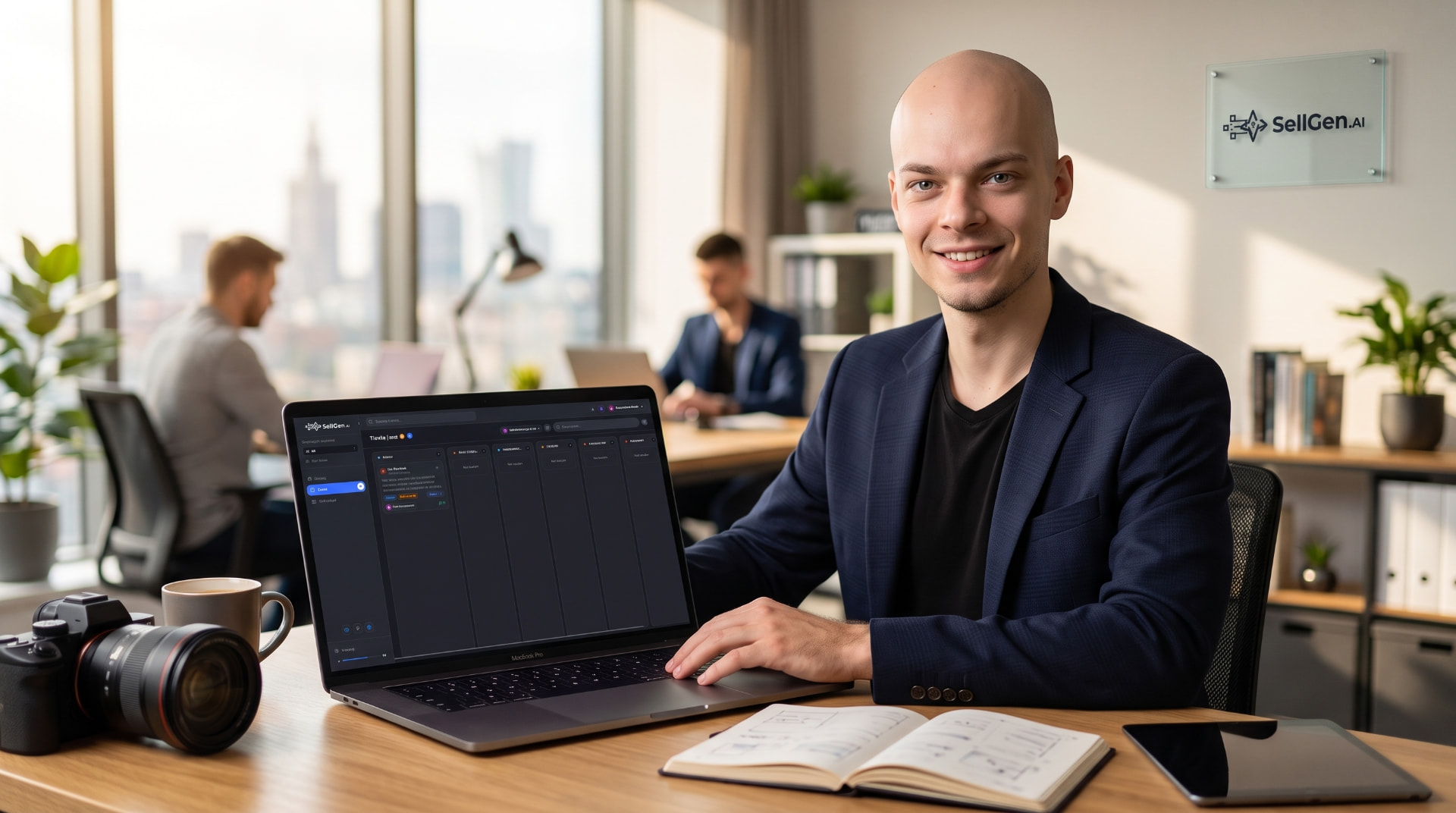 Handlowiec korzystający z SellGen.ai na laptopie w biurze