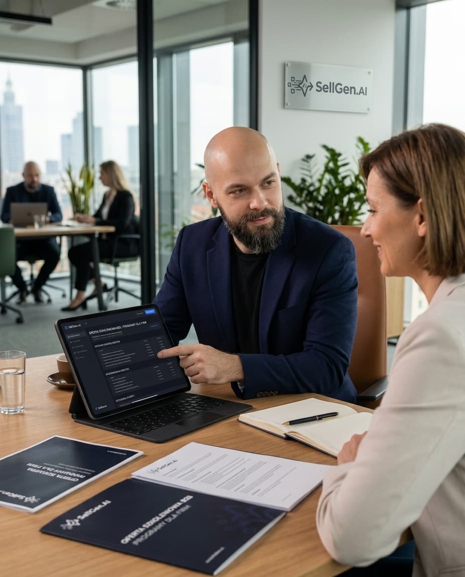 Handlowiec prezentujący ofertę szkoleniową B2B na tablecie z SellGen podczas spotkania z klientką