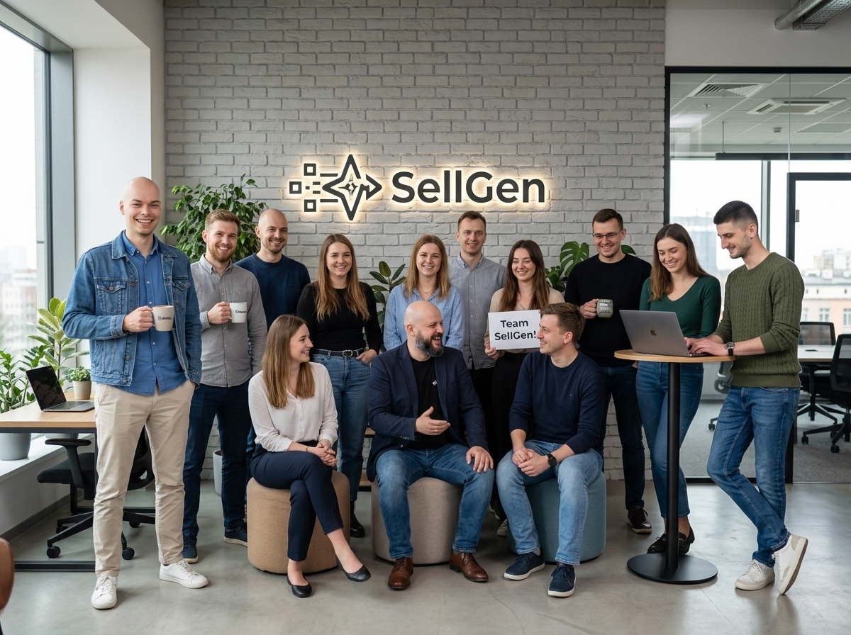 Zespół twórców SellGen — grupowe zdjęcie w biurze przy ścianie z logo